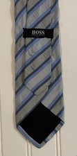 Hugo Boss Vintage Necktie - Blue  Gray Stripes 100 Silk 58" X 3"