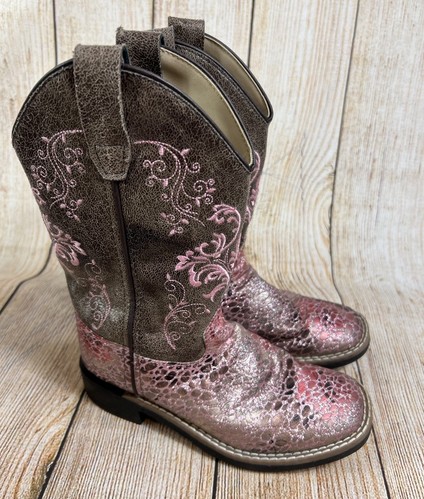 VB9154 Old West Girls Pink Brown Stitch Western Cowgirl Boots Square toe Size 1