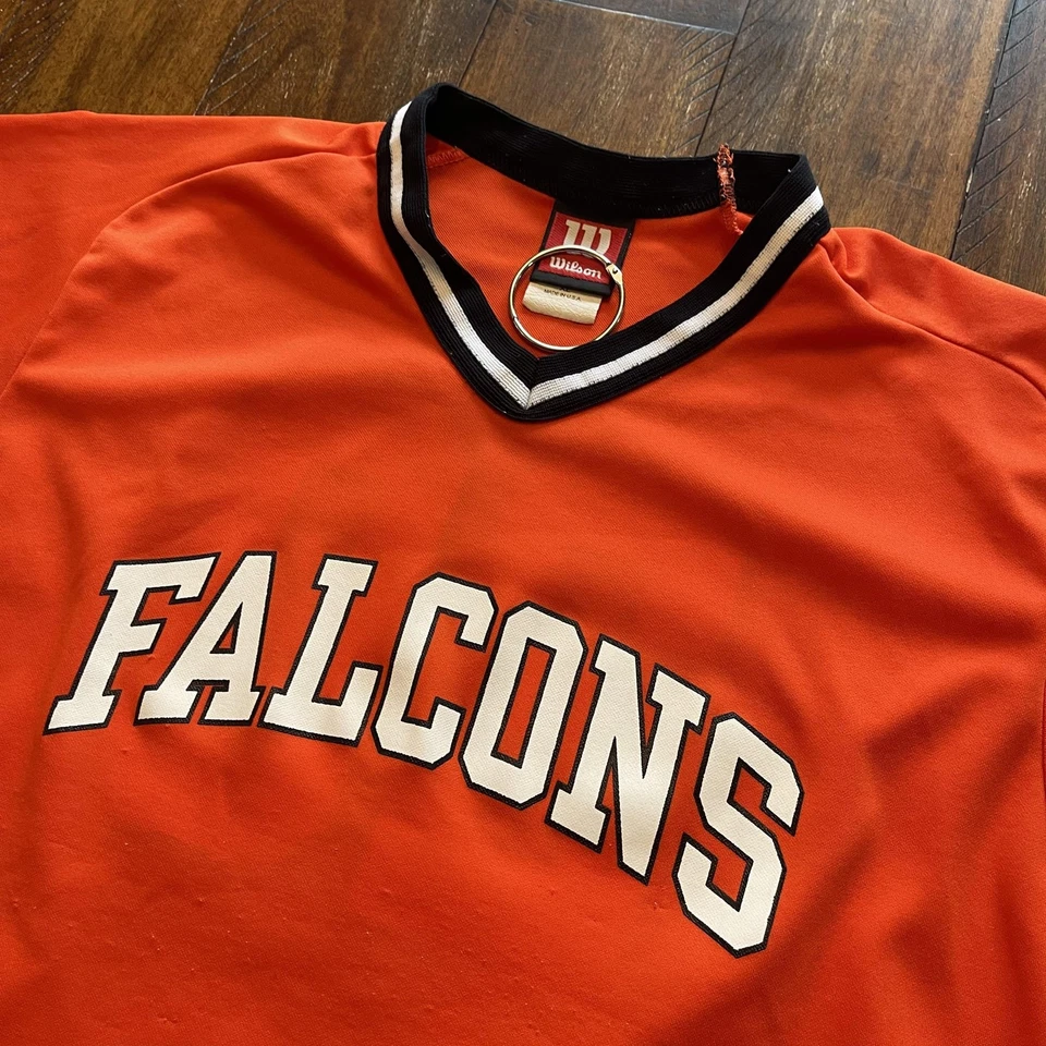 Camiseta deportiva vintage de los Falcons para hombre XL naranja Wilson hecha en EE. UU. cuello en V béisbol años 20 90 Foto 4 de 4