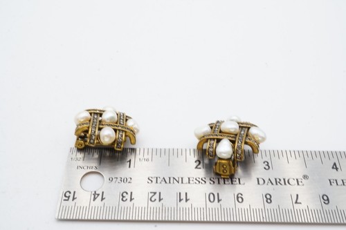 Clip On Earrings Brass Tone Crystal Faux Pearl - Picture 9 of 9