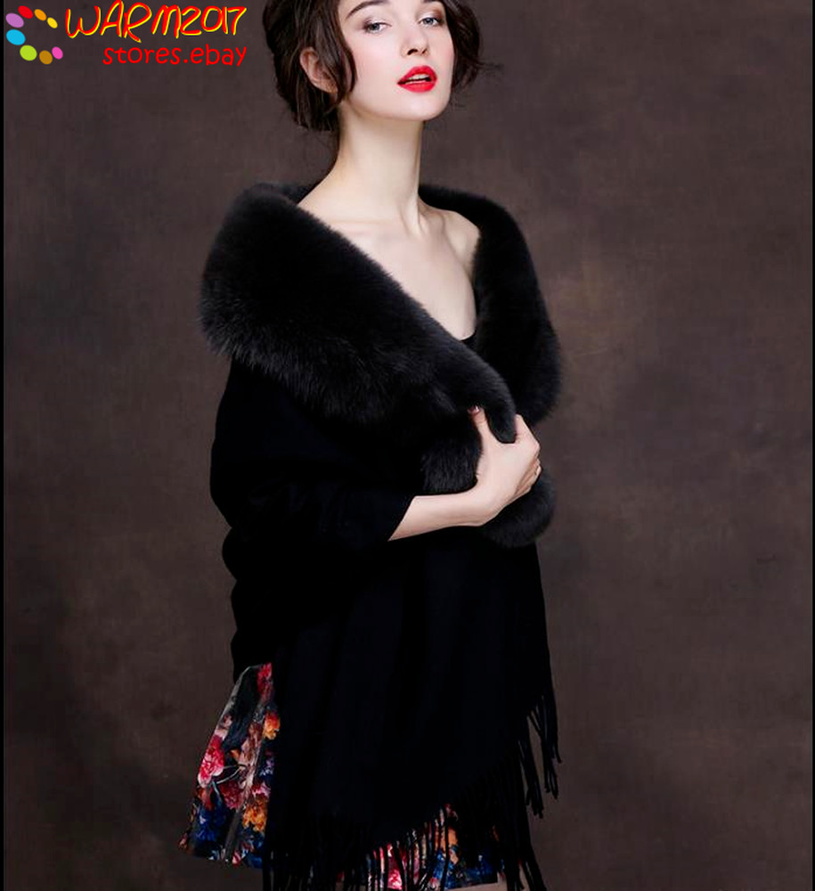 Women's shawl Cape Real Fox Fur Trim Poncho Scarves Party | eBay