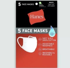 5 Pack HANES Face Masks WHITE Cotton Reusable Cover Cloth Facemask NEW 
