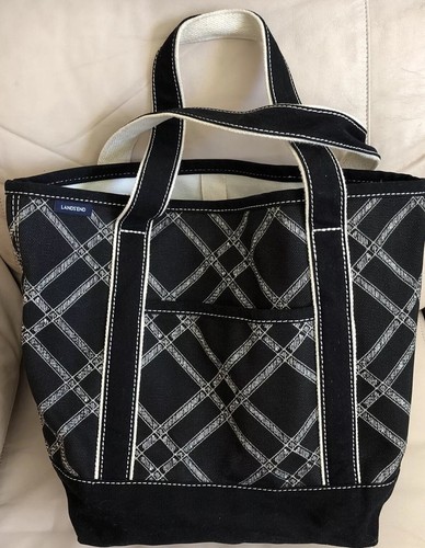 EUC Lands' End schwere Canvas Beuteltasche schwarz & weiß Design 100 % Baumwolle 13 x 16 x 6 Zoll