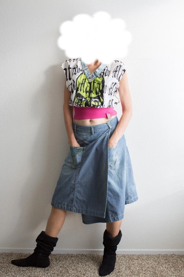 Vintage 4 in 1 Miss Sixty Reversible Blue Jean Denim Wrap Around Belted Skirt M - Image 2 of 4