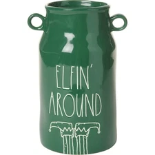Rae Dunn Green Double Handle Ceramic Jar Elfin' Around With Elf Shoes Vase NIB