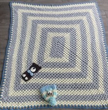 large handmade crochet baby blanket 60x50 teddy bear and knit beanie Blue Gray