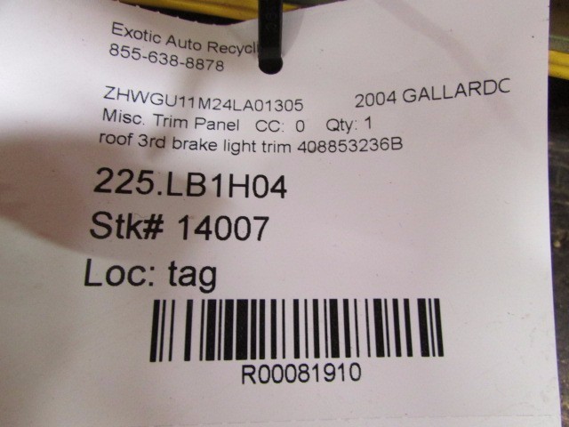 Lamborghini Gallardo Coupe, Roof Mounted 3rd Brake Light Trim, P/N 408853236B