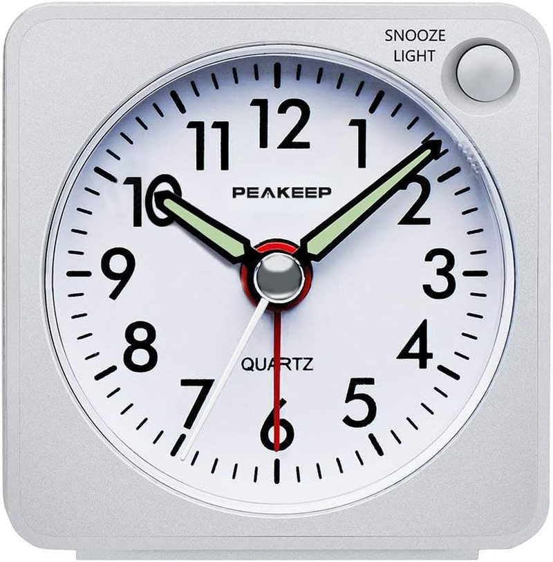 Peakeep Ultra Small, Battery Travel Alarm Clock with Snooze and Light, Silent wi