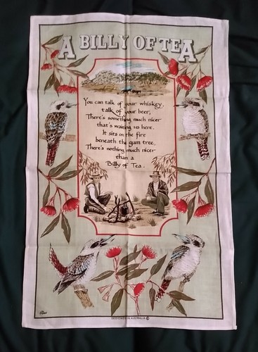VINTAGE AUSTRALIA LARGE TEA TOWEL A BILLY OF TEA GUM TREE POEM AUSTRALIAN DESIGN