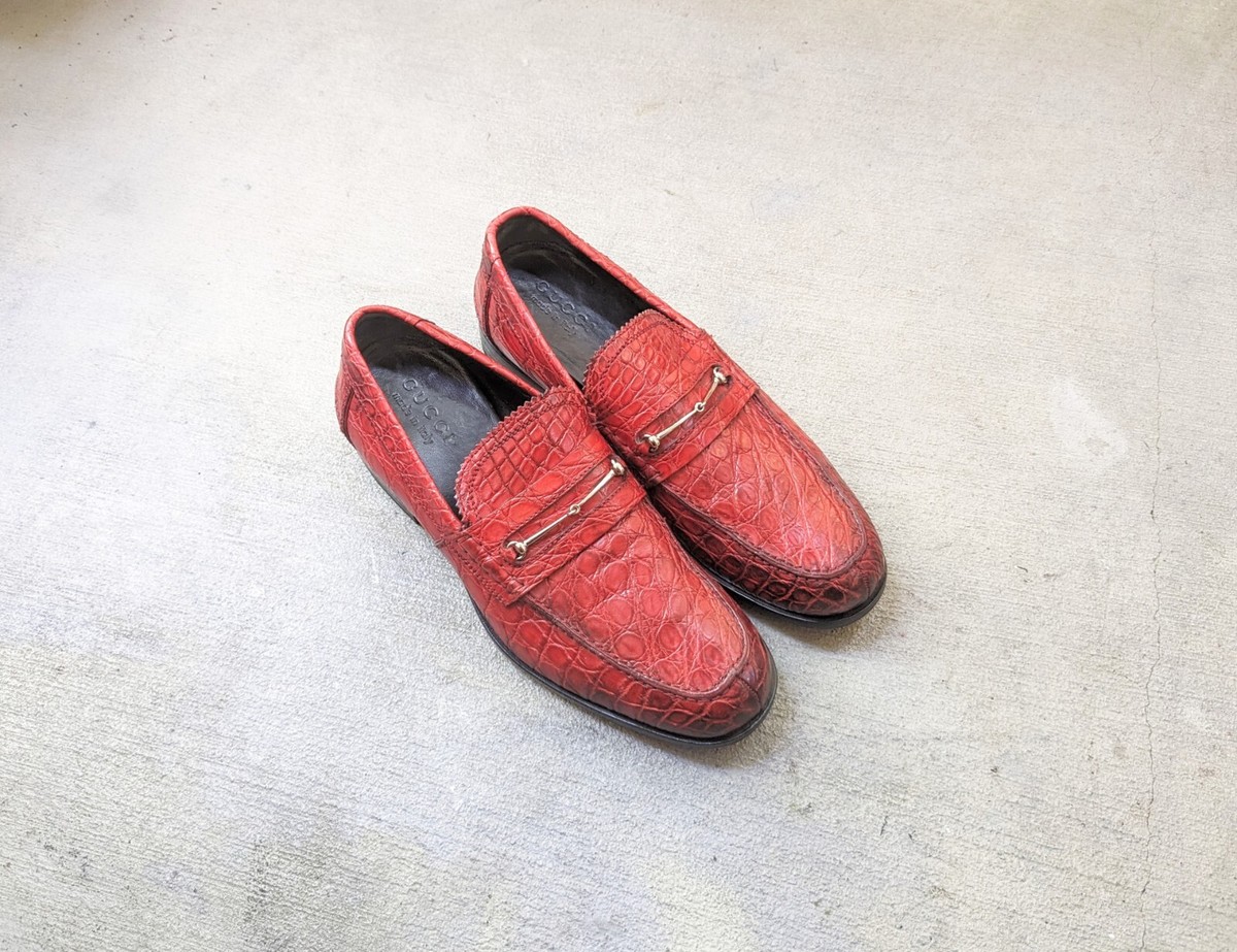 Gucci Horsebit Loafers Crocodile Red Men 7.5 Leather Snaffle Italy