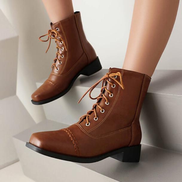 Women's Winter Square toe Low Heel Shoes Lace Up Outdoor Work boots Fashion  New