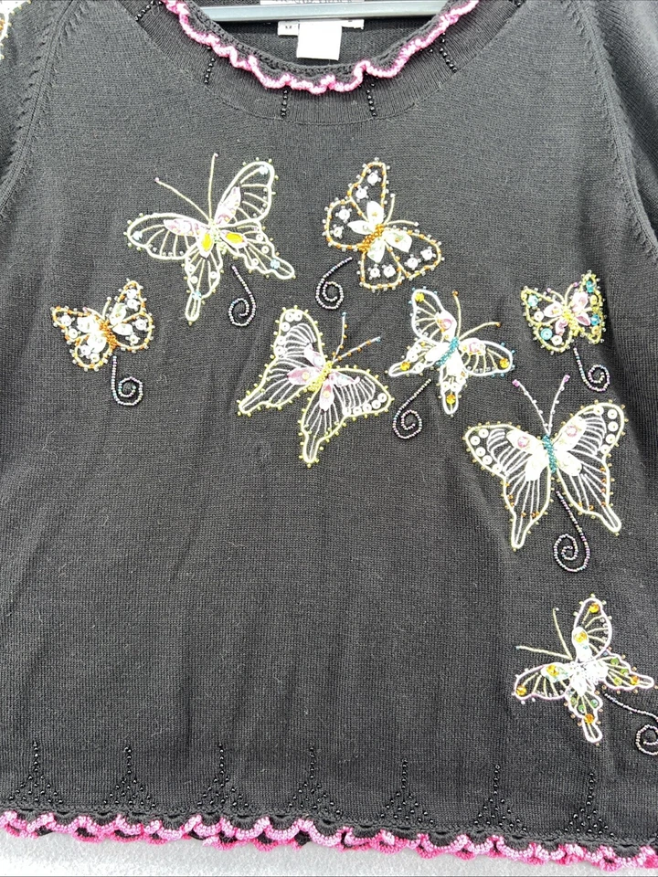 Cardigã pulôver borboletas vintage Jack B suéter rápido feminino tamanho M preto - Imagem 2 de 4