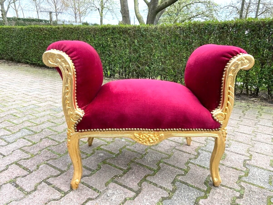 Settee Bench Red Velvet French Louis XVI Style Gilt Frame Elegant Seat - Image 4 of 4