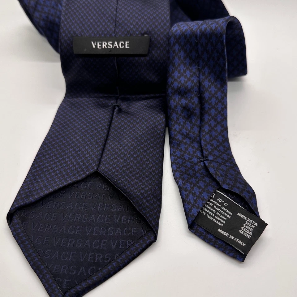 Corbata Versace Seda Pata de Gallo Logo Medusa Azul Negra Hecha en Italia Clásica Foto 3 de 4