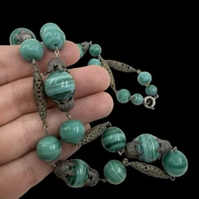 Vintage ART DECO Peking Glass Malachite DRAGON Jade Filigree Cap Bead Necklace
