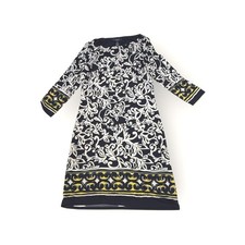 Chaps Navy White Floral Print Boat Neck 3/4 Sleeve Shift Dress Size S