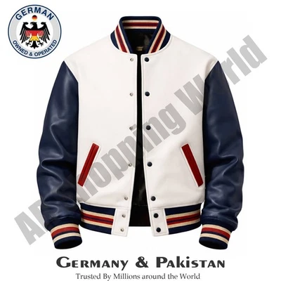 White Varsity Letterman Wool Body Genuine Leather Sleeves Baseball Bomber Jacket - Bild 1 von 4