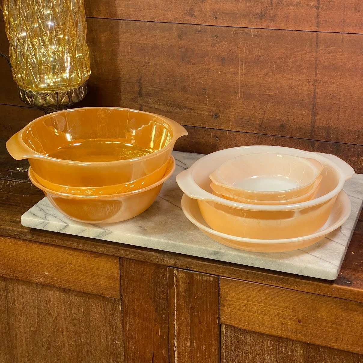 Anchor Hocking Fire King Peach Luster 7pc Bakeware Pie Bowl Serving Dish Set