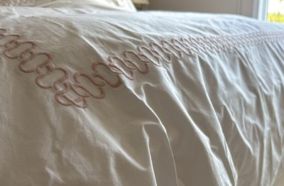 Serena & Lily King Duvet Cover White Blush Pink Embroidered Knot 108x92  300TC