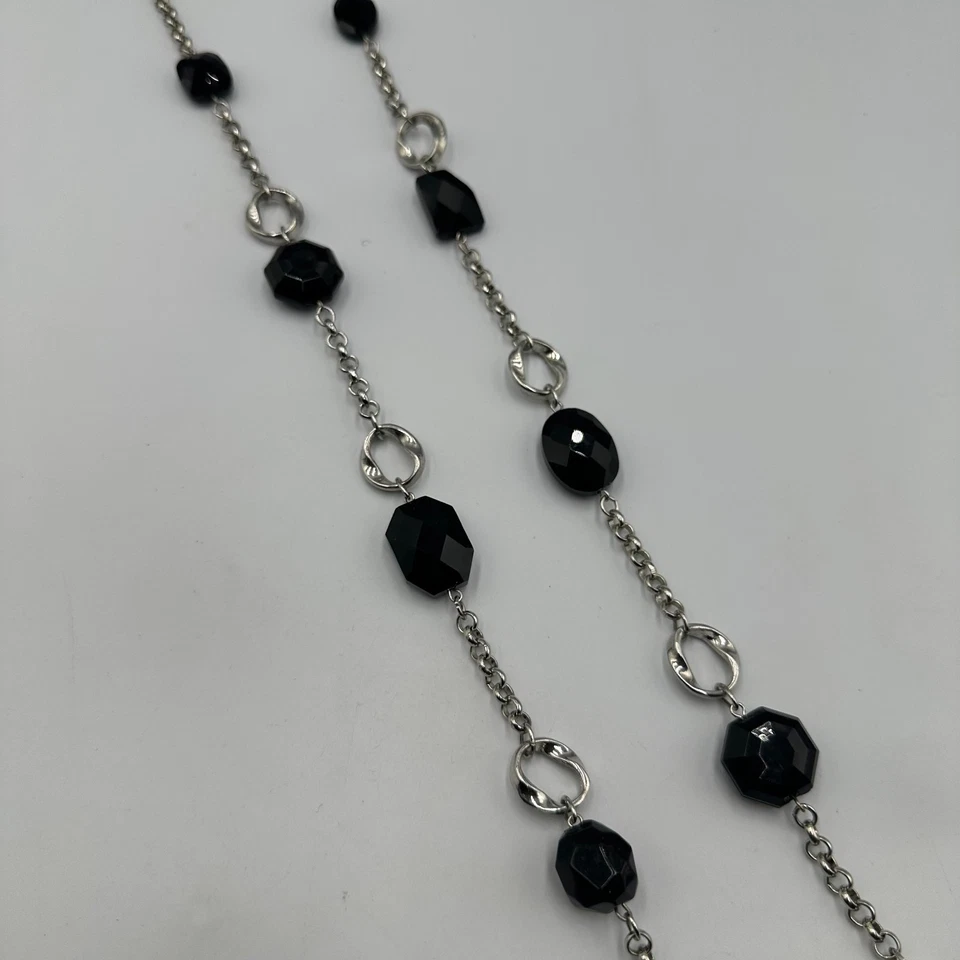 WHBM Collar Tono Plata Negro Facetado Cuentas Larga Cadena Estación 34 Pulgadas Foto 4 de 4