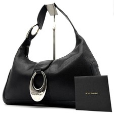 Authentic BVLGARI Black Leather One Shoulder Bag Hobo Purse Gold Logo Women's