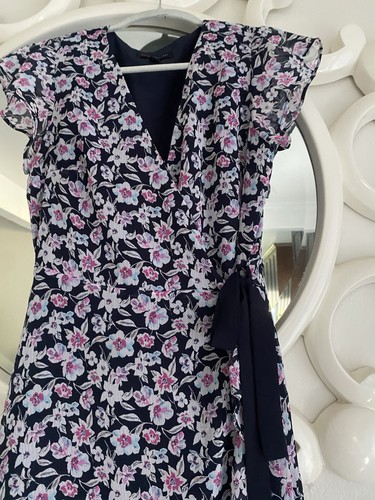 Banana Republic Navy Floral Chiffon Wrap Dress 2 V-Neck Cap Sleeve Tie Lined