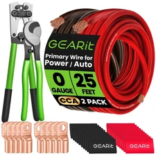 GEARit 25ft 0 Gauge CCA Ground Wire Kit with Crimper, Cutter, Lugs, Heat Shrink