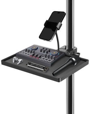 BILIONE Mic Stand Tray with Gooseneck Phone Holder, 10.6'' X 7.8'' Black