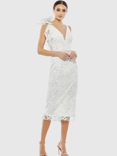 Mac Duggal White Floral Embellished V-neck Dress, Shoulder Bow Sz 0