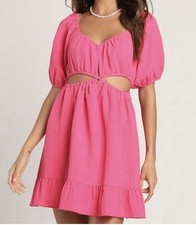 Lulus Exceptional Aura Pink Puff Sleeve V-Neck Cutout Mini Dress Size Small Pink