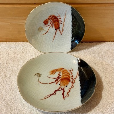 Plate Set: YY Yonemoto Vtg Japanese Porcelain Round Appetizer Ebi Shrimp Japan