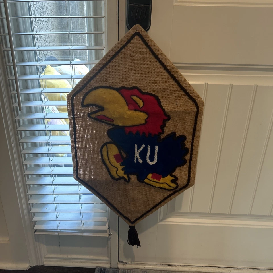 Vintage KU Kansas University Jayhawks Burlap Wall Decor Flag/Banner  - Image 2 of 4