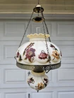 Vintage 1970s Quoizel Hanging Hurricane Lamp 15ft Chain Milk Glass Floral Design
