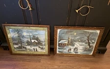 Two 1898 Chromolithographs Church Winter Village Joseph Hoover & Sons Prints