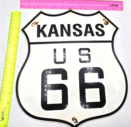 VINTAGE US ROUTE 66 KANSAS PORCELAIN METAL HIGHWAY SIGN GAS OIL ROAD SHIELD