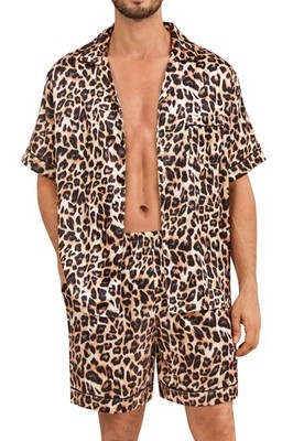 SWOMOG Silk Satin Pajamas Sets for Men Short Sleeve 2 Large, Leopard Print 