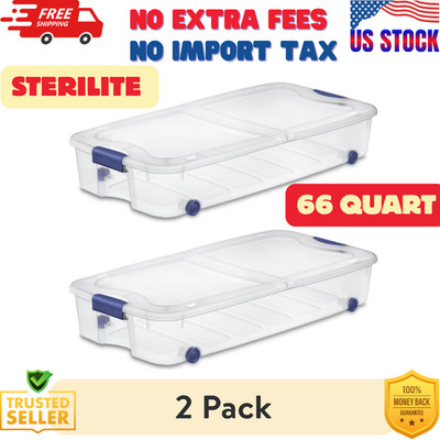 (2 pack) Sterilite 66 Quart Latching Underbed Wheeled Storage Bin, Clear Plastic