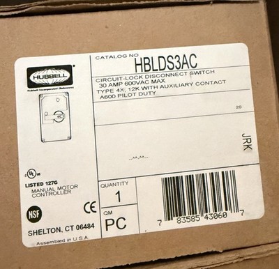  NEW IN BOX HUBBELL HBLDS3AC CIRCUIT LOCK 30-Amp DISCONNECT SWITCH 600V 30A