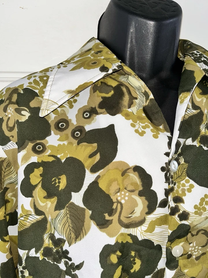 Camisa L/S Vintage Años 70 Triumph of Ca Disco Verde MOD Hippy Floral Poli Satén-L Foto 3 de 4