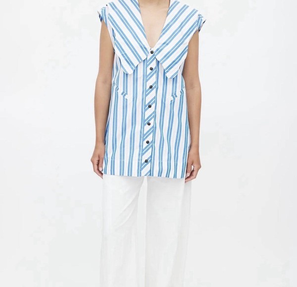 GANNI Blouse Size L/XL Blue White Striped Cotton Woven Sleeveless Button top