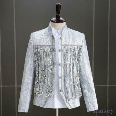 Men's Shinning Sequins Short Jackets DJ Costume Dance Blazer Stand Collar Coats 