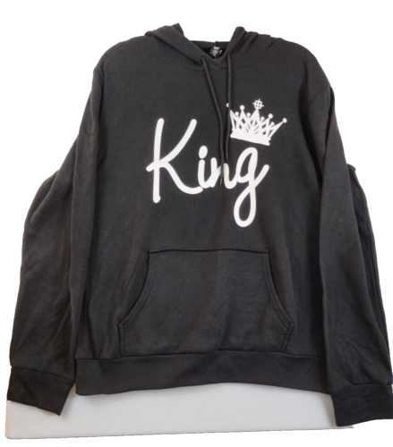 New Hequ Mens L Black King Hoodie With Kangaroo Pocket Crown Graphic Design