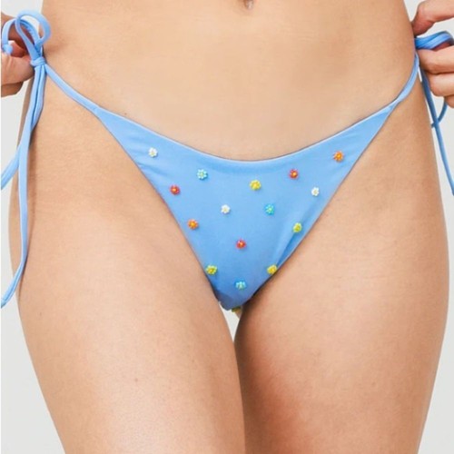 L*Space Lennox Tie String Bikini Bottom Classic, Blue Beaded Flowers X-Small NWT - Picture 2 of 12