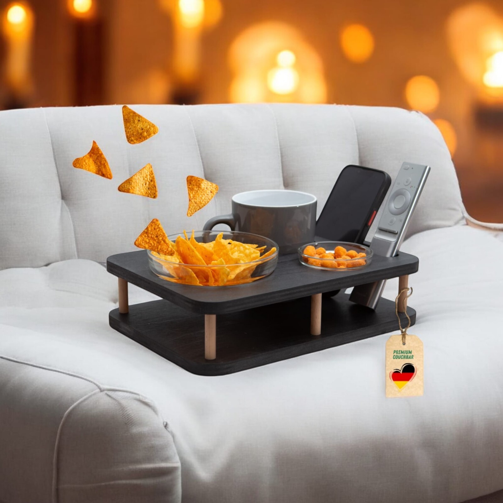 Couchbar YOLO mit 2 Glasschalen - Snackbar für Kaffeetassen - Sofa Tablett