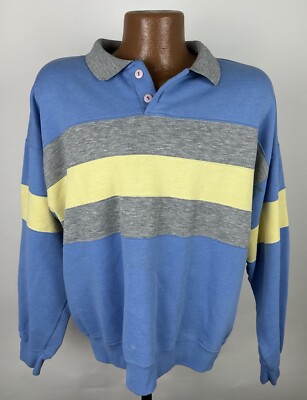 Vintage Rugby Sweatshirt Mens Large Polo Collar Blue Butter Yellow Stripe Grunge