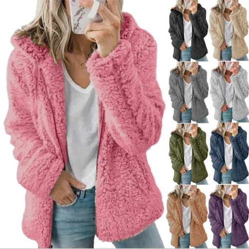 Women Teddy Bear Fluffy Coat Zip Up Winter Cardigan Fleece Hoody Jacket Outwear - Picture 12 of 32