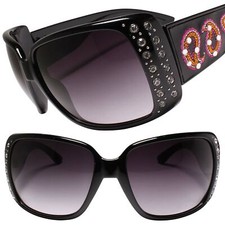 Rhinestone Emblem Exotic Cowgirl Western Rustic Bling Style Black Sunglasses
