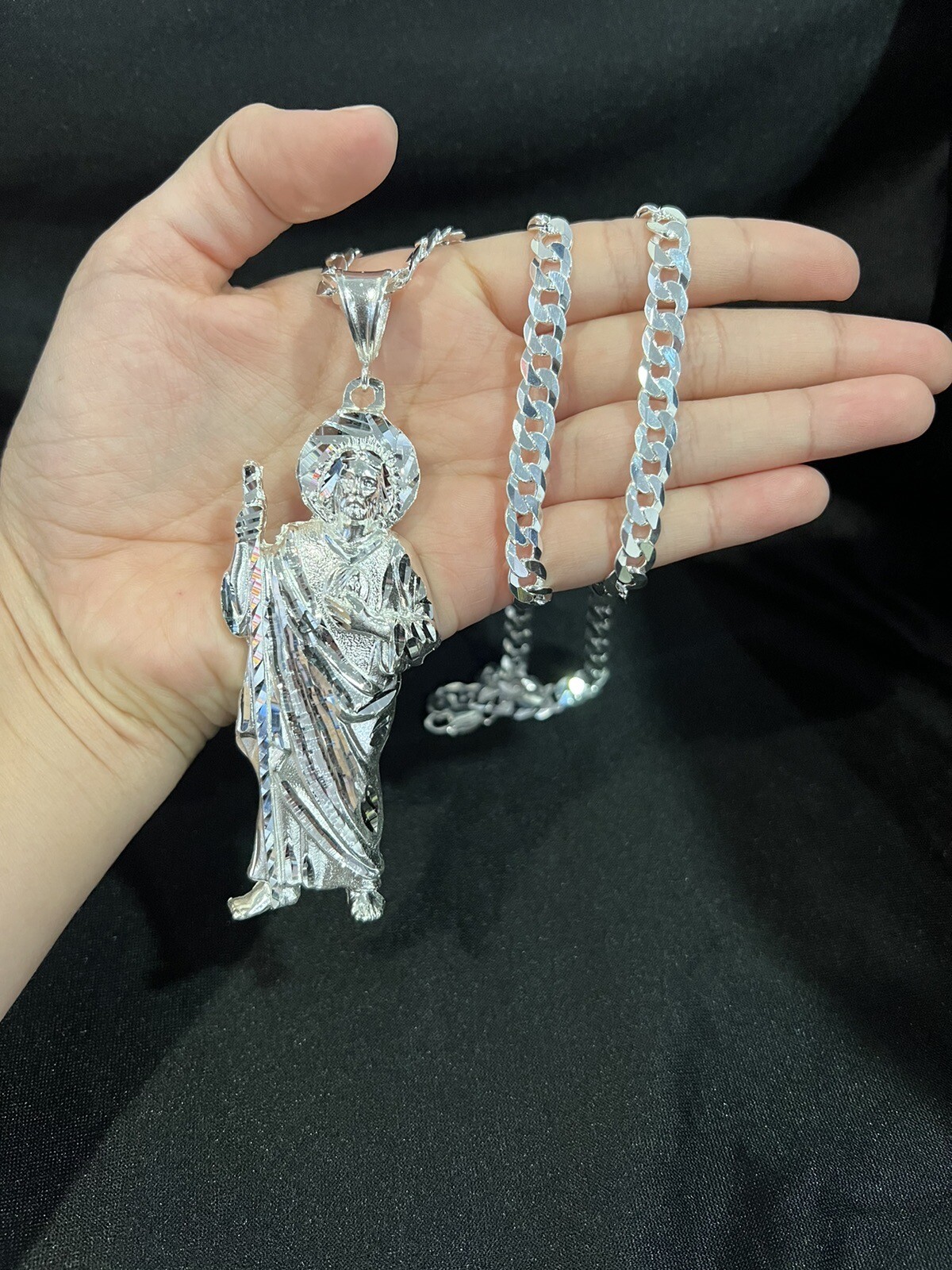 925 Sterling Silver Mens BIG St Jude San Judas Pendant & Curb Cuban ...