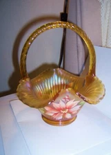 Fenton Poinsettia  gold irid Amber Glass Basket sgnd George Fenton & A. Deem qvc