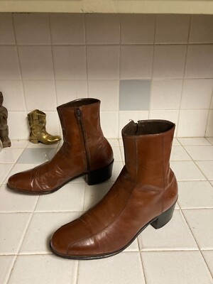 Florsheim Vintage Brown Carmel Leather Beatle Boots Zip Disco Hipster D  USA